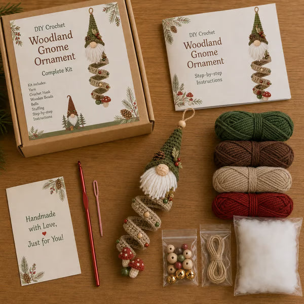 🎄Cozy Gnome Crochet Ornament Kit Collection | Premium Soft Yarn, Complete Crochet Tools & 9 Charming Designs 🧶