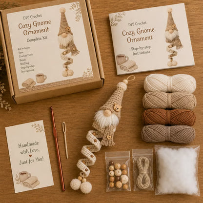 🎄Cozy Gnome Crochet Ornament Kit Collection | Premium Soft Yarn, Complete Crochet Tools & 9 Charming Designs 🧶