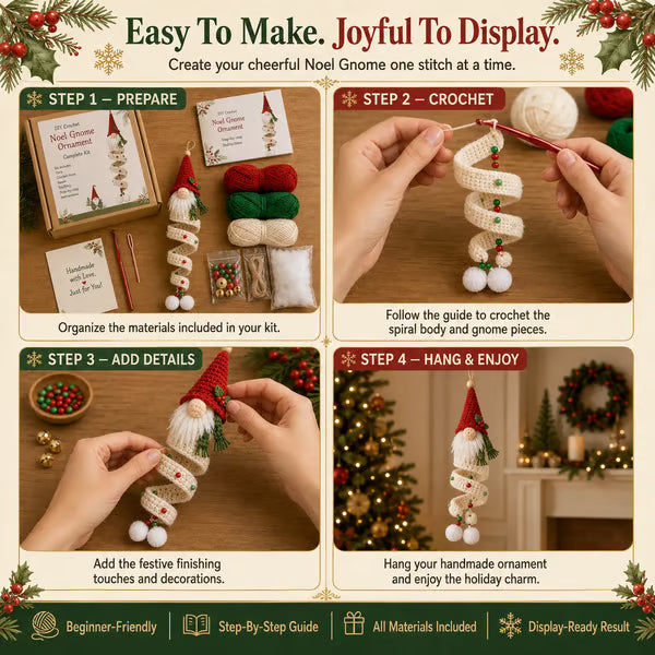 🎄Cozy Gnome Crochet Ornament Kit Collection | Premium Soft Yarn, Complete Crochet Tools & 9 Charming Designs 🧶
