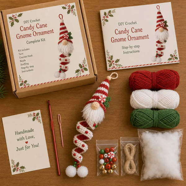 🎄Cozy Gnome Crochet Ornament Kit Collection | Premium Soft Yarn, Complete Crochet Tools & 9 Charming Designs 🧶