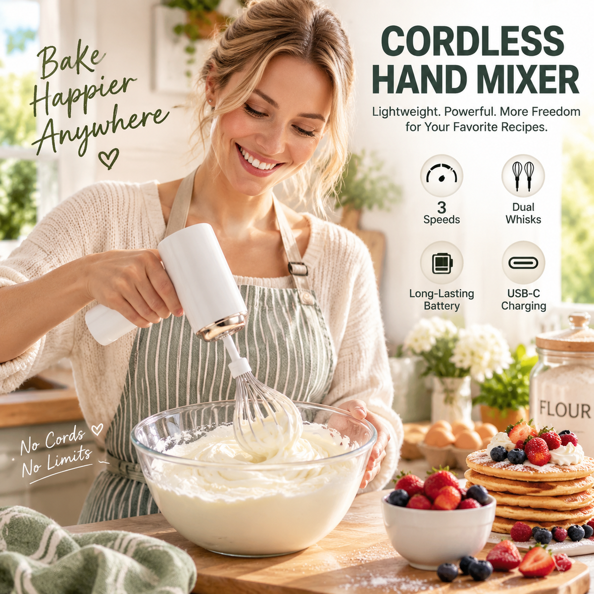 🍰 Cordless 3-Speed Hand Mixer – Portable Freedom for Every Kitchen & Beyond